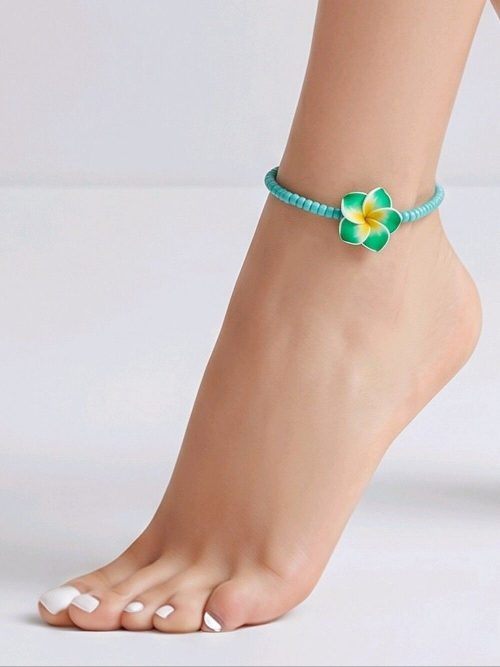 Turquoise Plumeria Anklet Tropical Flower Beachy Hawaiian Jewelry Island Cruise